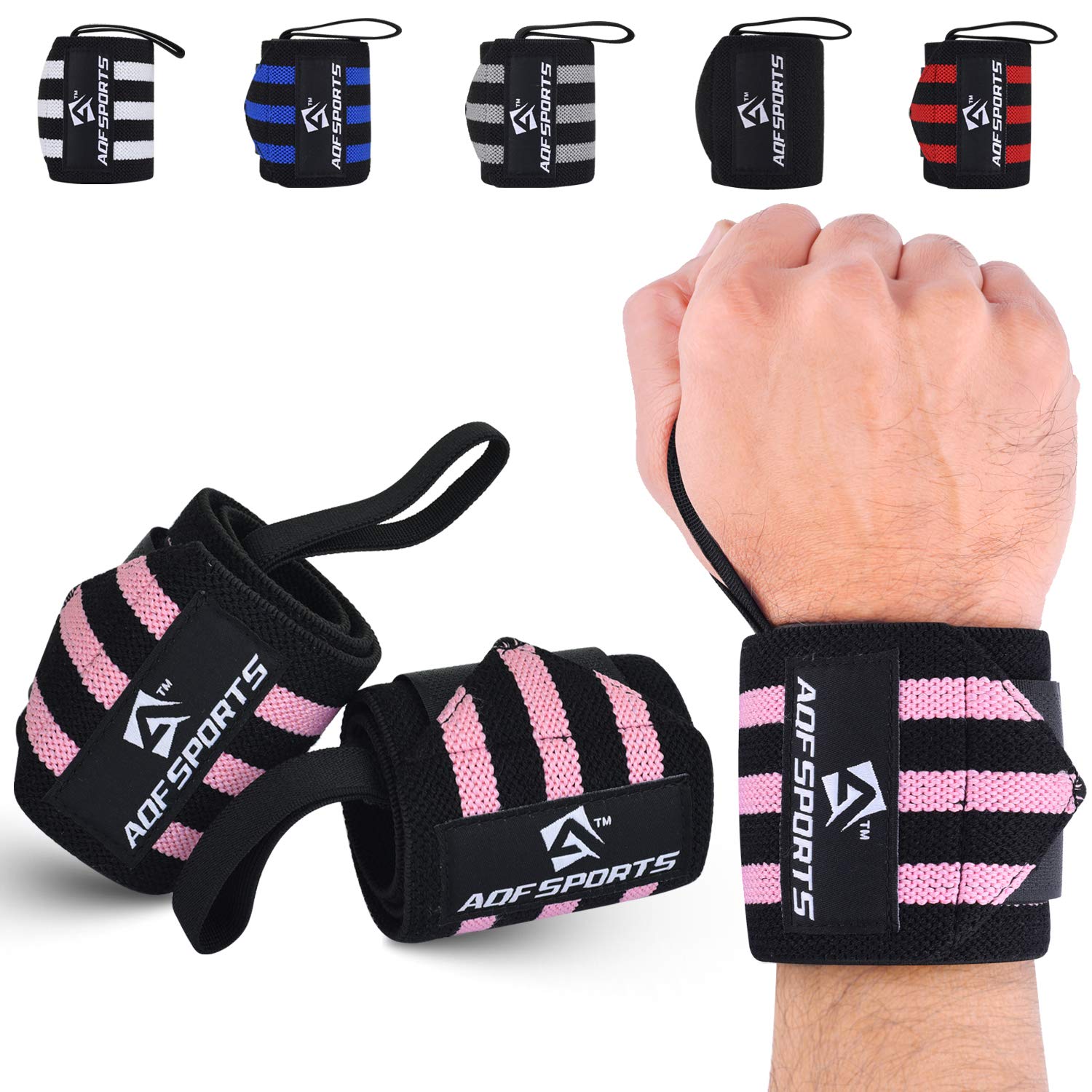 AQF 18” Wrist Wraps Supports Heavy Duty Weightlifting Gym Training Fist Straps with Thumb Loop (Pink & Back)