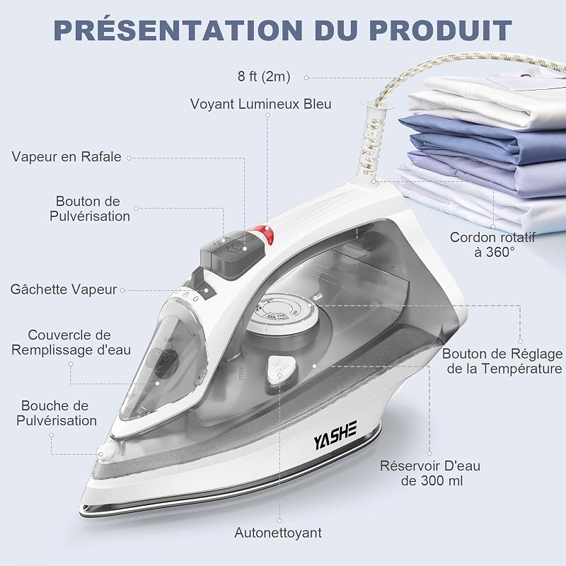 Fer à Repasser 2300 W avec Semelle Antiadhésive à Chauffage Rapide, Réservoir 300 ml, Débit de Vapeur Continu de 25 g/min, Fonction Pressing de 150 g/min, Autonettoyant, Anti-goutte