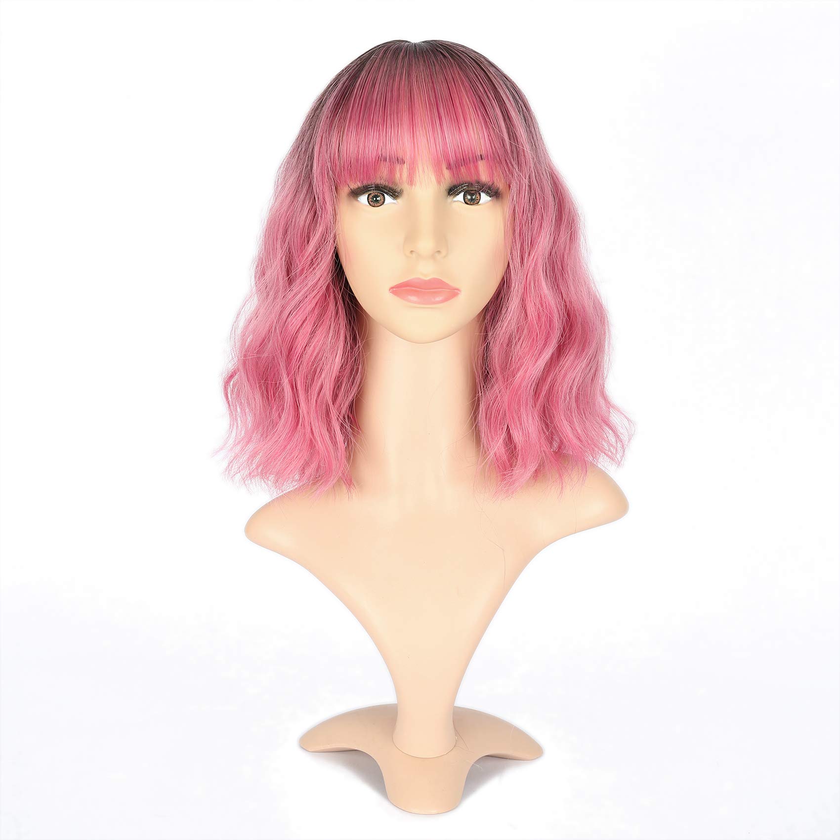 VCKOVCKO Ombre Natural Wave Head Wig Air Bangs Short Wave Head for Women Shoulder Length Curly Hair Wavy Synthetic Cosplay (12 Inches, Black to Pink/Purple)