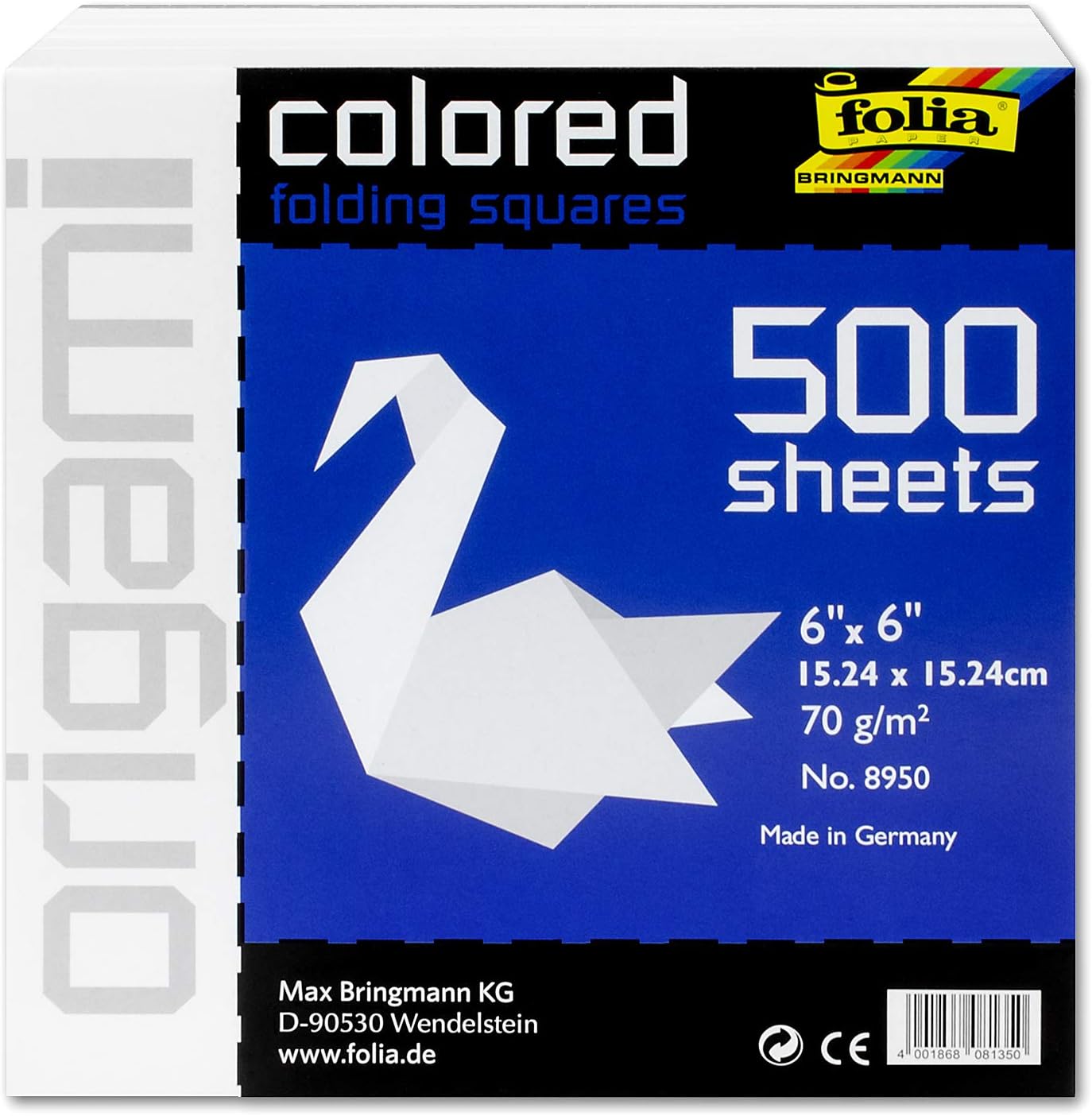 Global Art Folia Solid Origami Paper x 6-inch 500/Pkg White, Acrylic, Multicolour, 4.44x15.24x15.24 cm