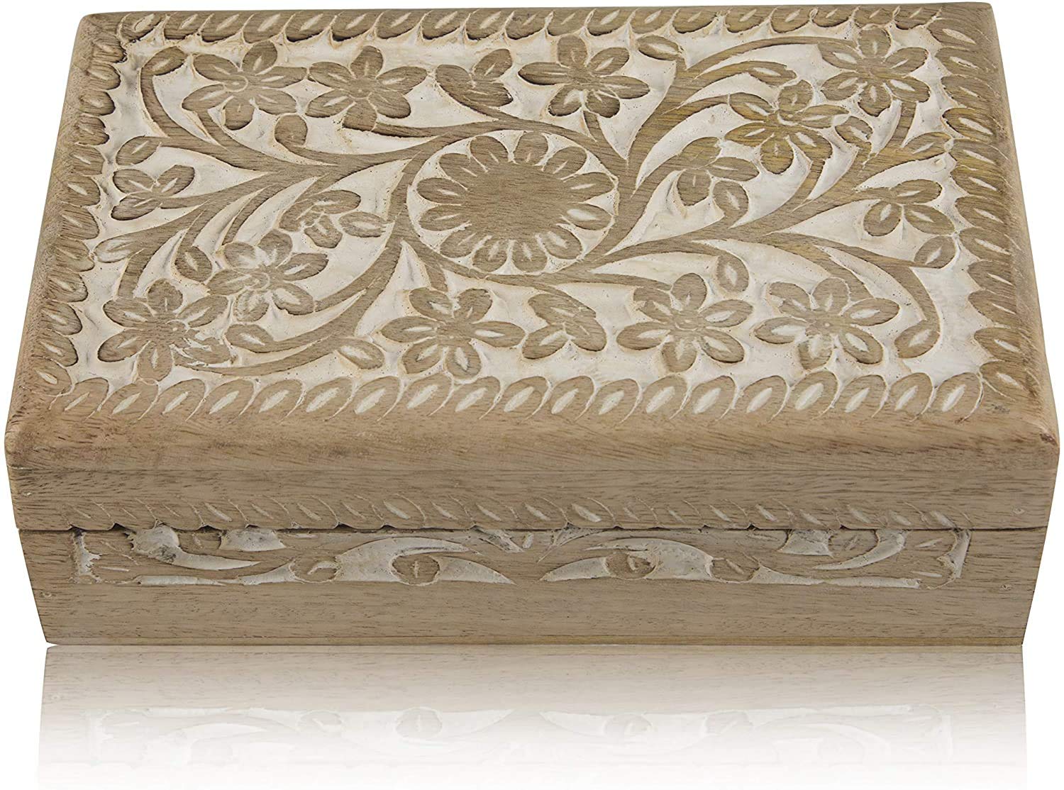 Great Birthday Gift Ideas Handmade Decorative Wooden Jewelry Keepsake Box Jewelry Organizer Treasure Chest Trinket Holder Watch Storage Box Housewarming Gifts Women (White Wash Finish)