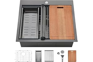 SHACO 25x22 Black Drop In Kitchen Sink, 25 Inch Topmount Stainless Steel Workstation Sink, Single Bowl Bar Prep RV Laundry Small Kitchen Sink with Cutting Board