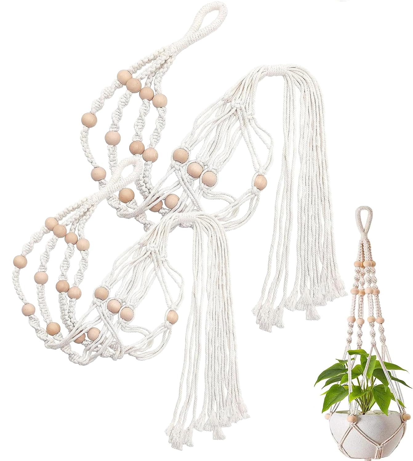 2 Pack of Macrame Plant Hanger, Plant Hangers, Indoor Hanging Planter Basket, Flower Pot Holder Cotton Rope, 100cm with Beads Tassels for Indoor Outdoor, Wall Hanging Plants, Office, Home Decoration