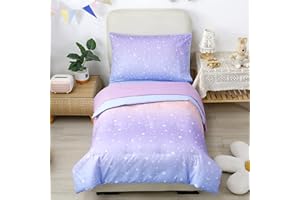 URBONUR 4 Piece Toddler Bedding Set for Girls Glitter Purple Orange Toddler Bedding Set Gradient Stars Print Girls Bedding Toddler Comforter Set