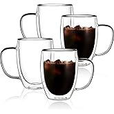 CNGLASS 12oz Double Walled Glass Coffee Mugs(4-pack),Insulated Glass Mugs with Handle,Clear Espresso Cups for Latte,Cappuccino,Tea Bag