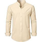 DELCARINO Mens Linen Band Collar Beach Shirts Casual Button Down Solid Plain Long Sleeve Hawaiian Shirts