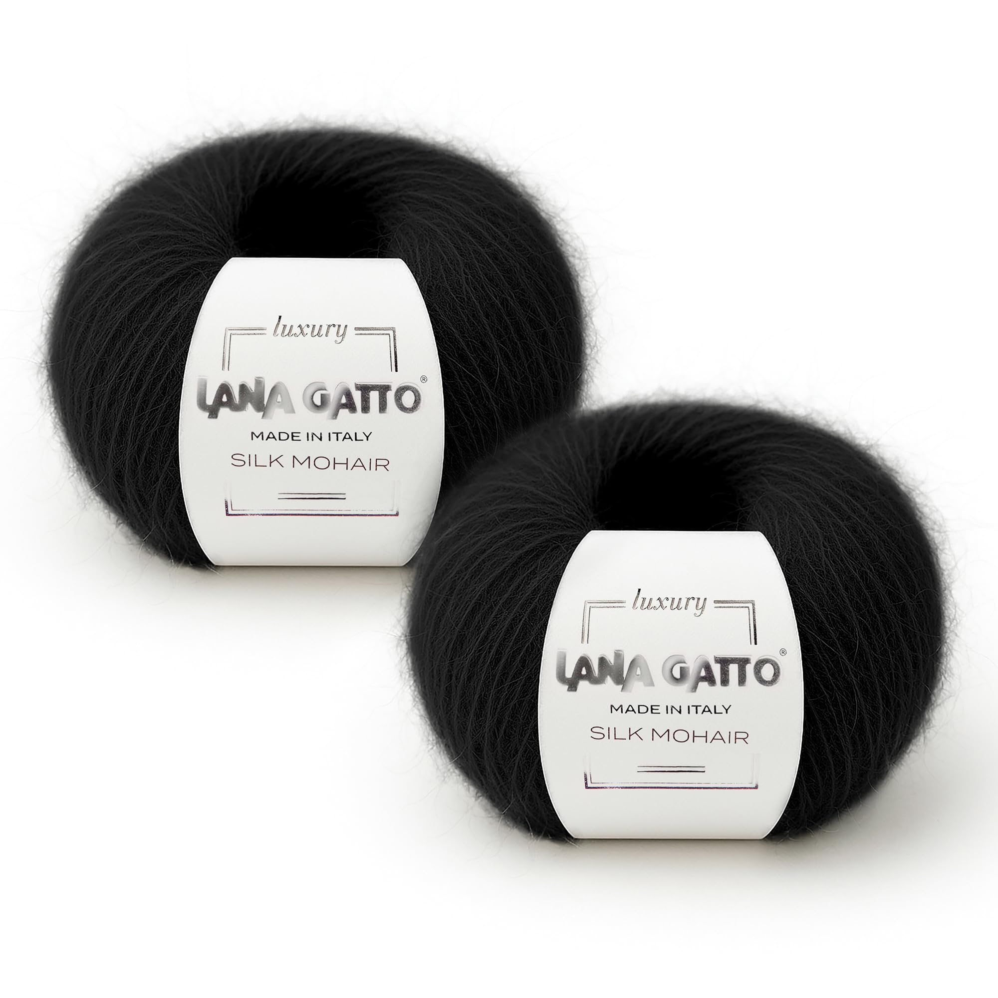 Silk Mohair Yarns for Knitting, Lana Gatto Luxury Silk Mohair Line, 50 gr., 424 mt, / 1,8 oz., 464 yds, (Black - 6037, 2)