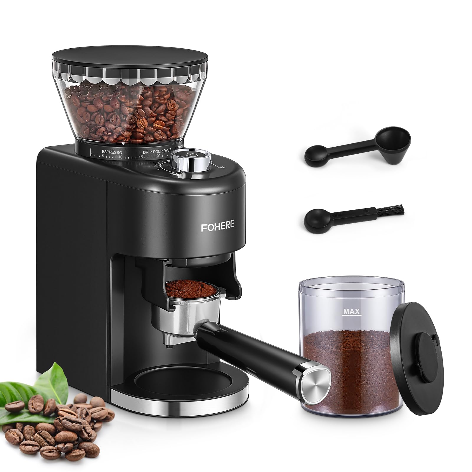 FOHERE Electric Burr Coffee Grinder, Adjustable Conical Burr Mill with 35 Precise Grind Setting, Anti-static, Cleaning Brush, for French Press, Drip Coffee, Espresso, Black