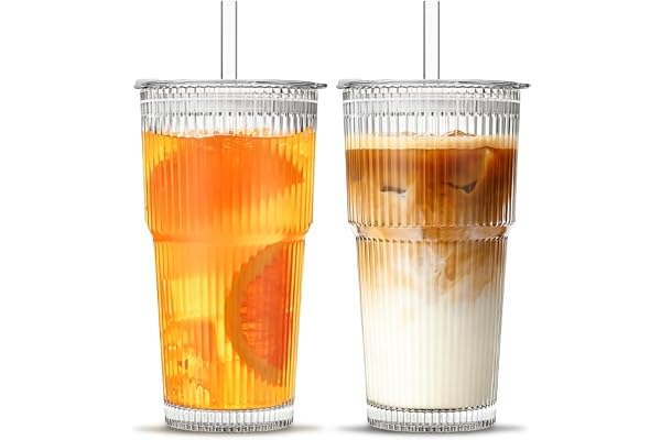 INSETLAN 20 oz Ribbed Glass Tumblers with Lids and Glass Straws – 2-Piece Glassware Set, Heavy-Duty Tumblers, Ideal for Iced