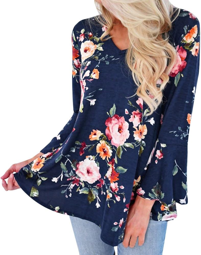 WOCACHI 2020 Sale Tops for Womens, Plus Size Floral Blouses T-Shirt Long Sleeve Flowy Chiffon Spring Summer Shirts