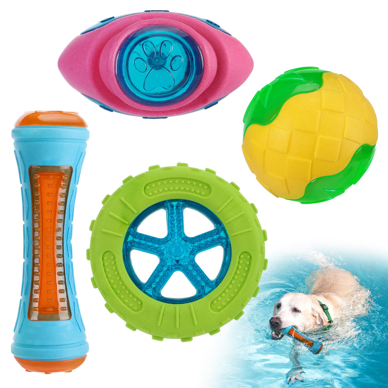 Photo 1 of MEWTOGO 4 Pcs Dog Pool Floating Toys - Squeaky Dog Water Toys, Safe Durable TPR Interactive Dogs Toys for Aggressive Chewers Large Fetching Playing