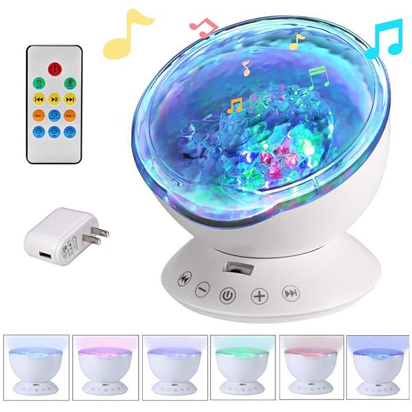 [Newest Design] Remote Control Ocean Wave Projector 12 LED &7 Colors Night Light with Built-in Mini Music Player for Living Room and Bedroom (White)
