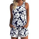 MODLILY Modest Coverage Womens Tankini Swimsuits with Pocket, Bathing Suits Contrast Binding Tank Top with Board Shorts