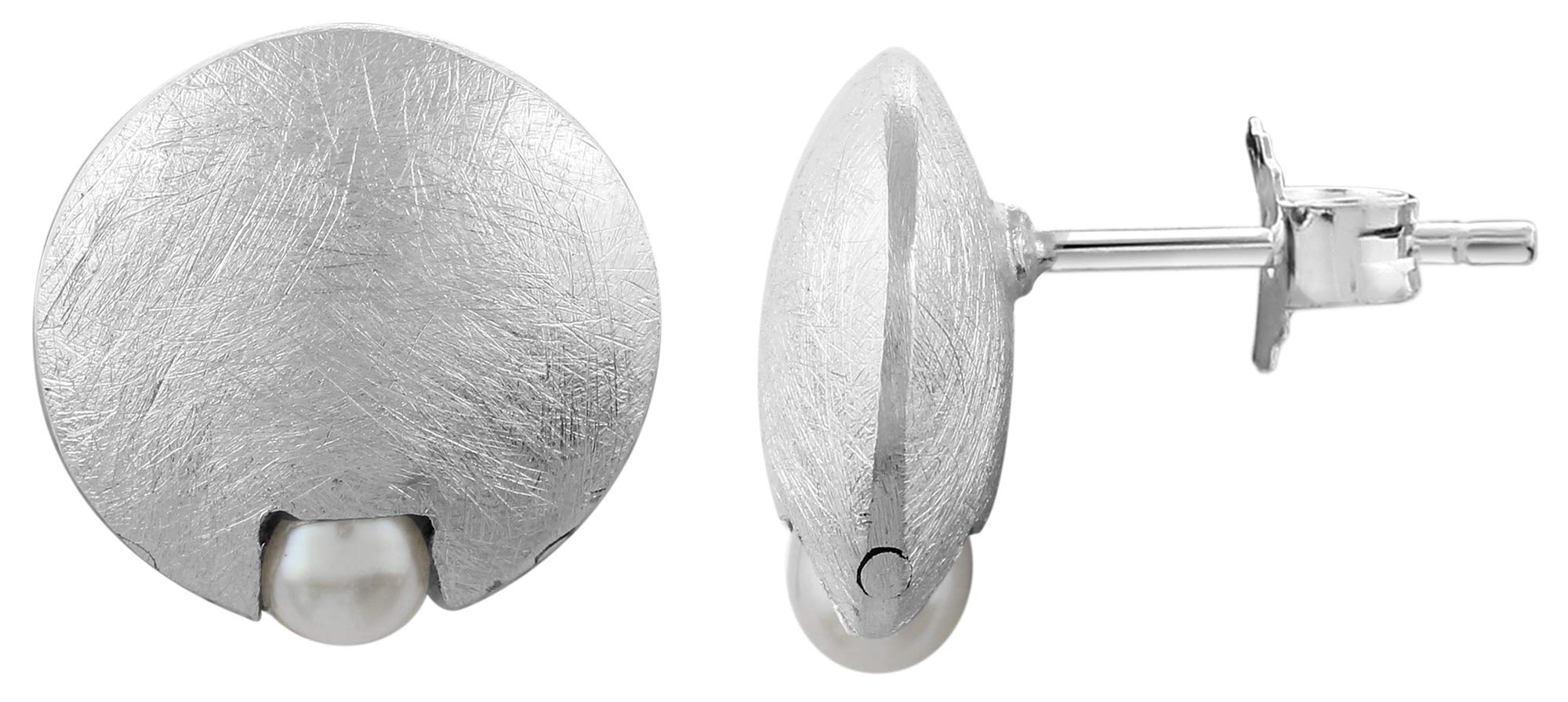 Nenalina Silver Women's Earrings Round with Freshwater Pearls White for Women, 925 Sterling Silver, Pearl Stud Earrings for Women, Matt Brushed, Wedding Earrings, 722120-342