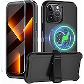 CONWOE Magnetic for iPhone 13 Pro Case,with Belt Clip,[Compatible with Magsafe] W/Tempered Glass Screen Protector,Anti-Drop,Shockproof,Heavy Duty Protection (Black)