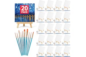 POMAYLOR 20 Pack 5.9In Canvas Boards for Painting, Art Canvas for Drawing with 10 Brushes & 5 Paint Trays, Mini Painting Canvas with Easel Set, Painting Kits for Adults & Kids Party