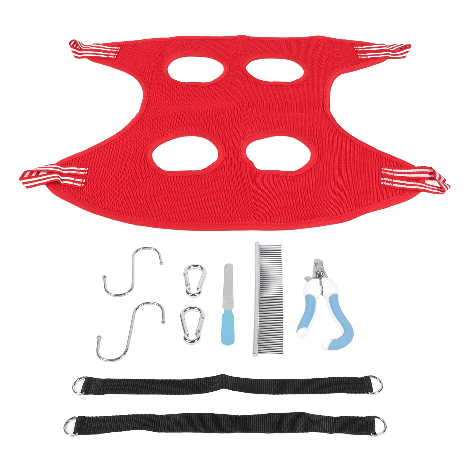 Dog Grooming Hammock Set Breathable Safe Relaxation Restraint Bag Pet Grooming Helper Harness Sling with Nail Clipper Comb for Puppy Cat(S-Red 10-piece set)