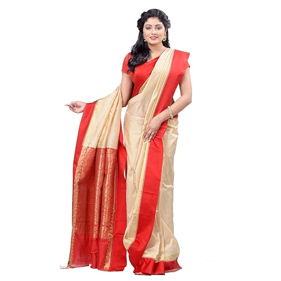 Women`s Bengal Premium Garad Silk Traditional Saree Fine Smooth All Over Work With Blouse Pcs Garadh Bengal Garad Silk Saree (Off-White and Red)