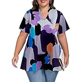 NHAMME Plus Size V Neck T Shirts for Women Short Sleeve Henley Loose Flowy Casual Tunic Tops