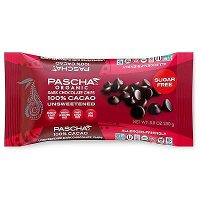 Pascha Organic Unsweetened Dark Chocolate Baking Chips 100% Cacao, UTZ, Gluten Free, Non GMO, No Added Sugar, 8.8 Ounce, Pack of 6