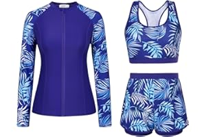 JASAMBAC Women's 3 Piece Rash Guard Long Sleeve Swimsuits with Boyshorts Zip Up UPF 50+ Swim Shirt Built in Bra