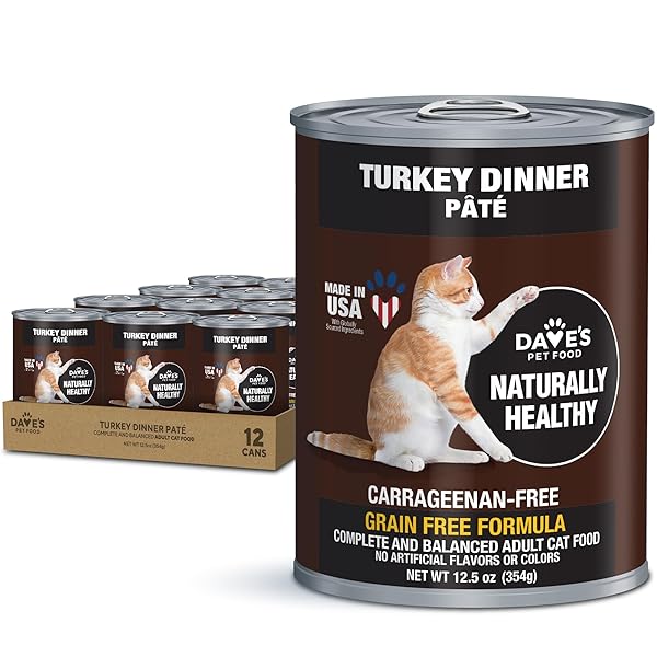 DAVE’S PET FOOD GRAIN FREE WET CANNED CAT FOOD (TURKEY), MADE IN USA NATURALLY HEALTHY, ADDED VITAMINS & MINERALS, GLUTEN-FREE, 12.5 OZ CANS