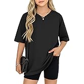 Oakgarden Girls' Short Sleeve T-Shirt Kids Oversized V Neck Summer Casual Basic Cute Tee 5-14 Years