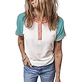 KINLONSAIR Women's Summer Color Block Short Sleeve T Shirt Casual Button Down Slim Fit Crewneck Henley Shirts