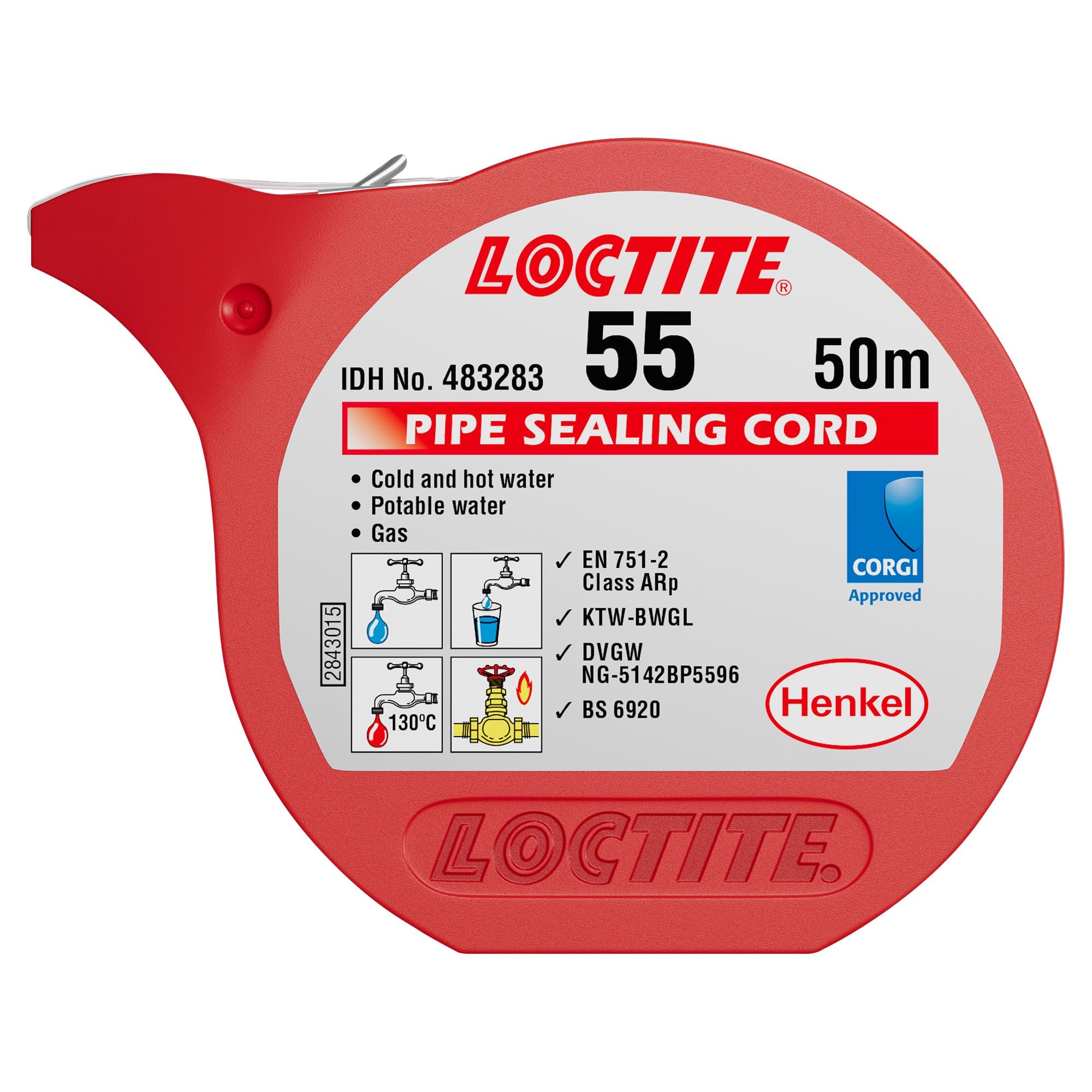 LOCTITE 55 Pipe Thread Sealant, Non Curing Thread Sealant for Plumbing Pipes and Fittings, Reliable Fast Action Pipe Sealant for Metal and Plastic, 50m