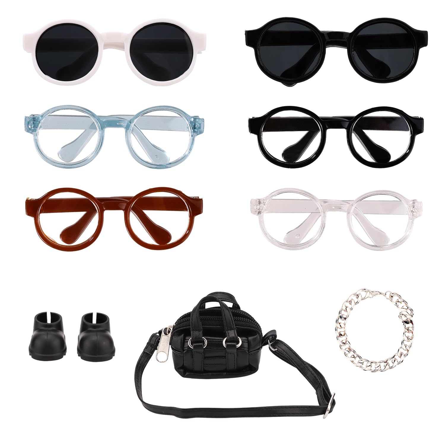 6pcs Doll Dress Up Eyeglasses Set, 6 Styles Mini Doll Glasses Miniature Sunglasses with Shoulder Bag Shoes Necklace for 6.69in/17cm Dolls Accessories