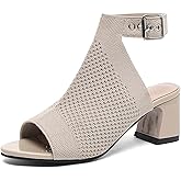 GHIBHNA Women'S Knitted Peep Toe Slingback Chunky Heel Buckle Ankle Boots Summer Breathable Mesh Open Toe Hollow Block Heel Sandals Fashion Work Walking Sandals