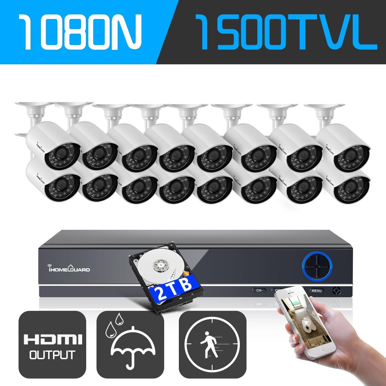 IHOMEGUARD 16 Channel HD DVR Security System 1080N Recorder with 16 720P IR Night Vision Outdoor Weatherproof Bullet Cameras, 2TB Hard Drive and Remote Surveillance
