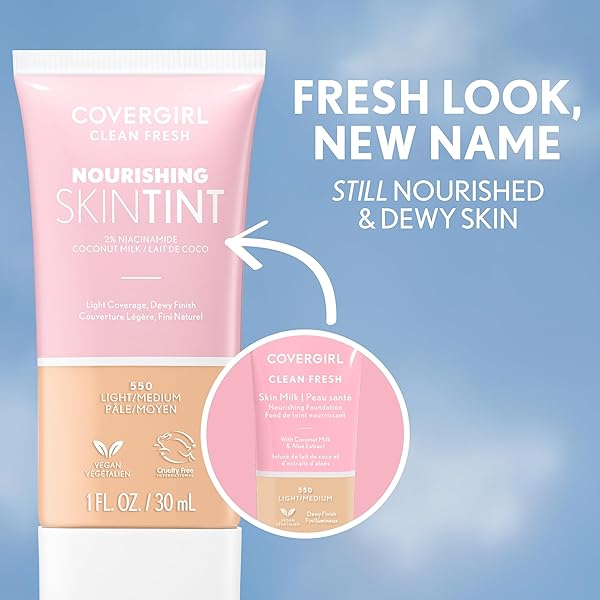 COVERGIRL CLEAN FRESH NOURISHING SKIN TINT, 570 MEDIUM/TAN, LIQUID FOUNDATION, DEWY FINISH, INFUSED WITH COCONUT & ALOE, VEGAN FORMULA