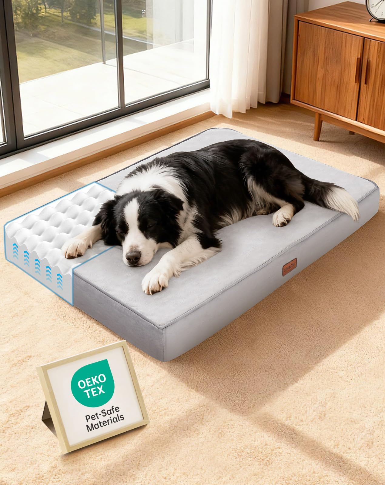 OhGeni Orthopedic Waterproof Bed for Dogs & Cats - Machine Washable Pet Bed with 25D Egg Crate Foam, Non-Slip Bottom & Removable Cover, Gray, 36 inch Image