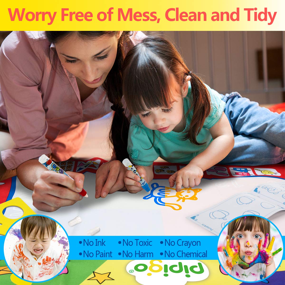 Magic Water Doodle Mats Water Drawing Mat Large 32x24in Painting Pad with 4 Pens 6 Molds Learning Educational Toddler Toys Toddler Gifts for Girls Boys Age 2 3 4 5+ Year Old Girl Gifts Boy Gifts