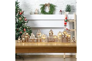 Retisee 1 Set Christmas Gingerbread House Decorations Foldable Christmas Gingerbreads House with LED Light and 2 Pcs Tree Xmas Village Home Decor Gift for Party (Gingerbread, Yellow)
