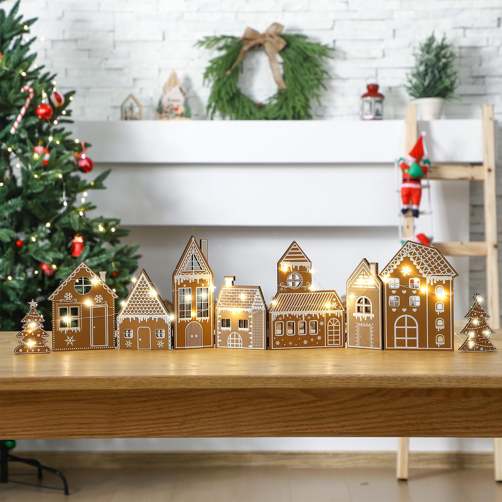 Photo 1 of Retisee 1 Set Christmas Gingerbread House Decorations Foldable Christmas Gingerbreads House with LED Light and 2 Pcs Tree Xmas Village Home Decor Gift for Party (Gingerbread, Yellow)