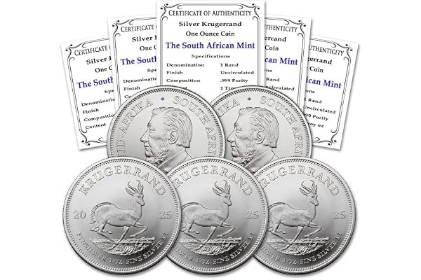 2025 - Lot of (5) South Africa 1 oz Silver Krugerrand Coins Brilliant Uncirculated with Certificates of Authenticity 1 Rand BU