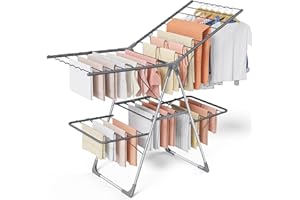 Sakugi Clothes Drying Rack, Foldable 2-Level Laundry Drying Rack with Height-Adjustable Wings, for Clothing & Bedding, Free-S