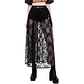 Verdusa Women's Goth See Through Lace Skirts Elastic High Waist Sheer A Line Long Skirt
