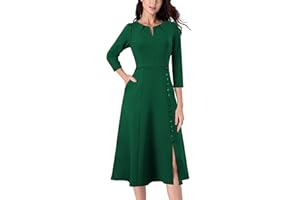 VFSHOW Womens Pleated Notch Neck Front Slit Buttons Pockets Office Business Work Slim Fit A-line Fit and Flare Midi Dress