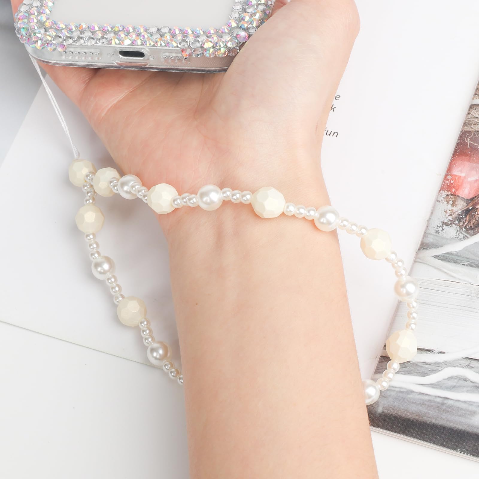 LUVI Beaded Phone Charm Lanyard Wrist Strap Beads Chain String Pearl Bracelet Keychain Handmade Cute Fashion for Women White