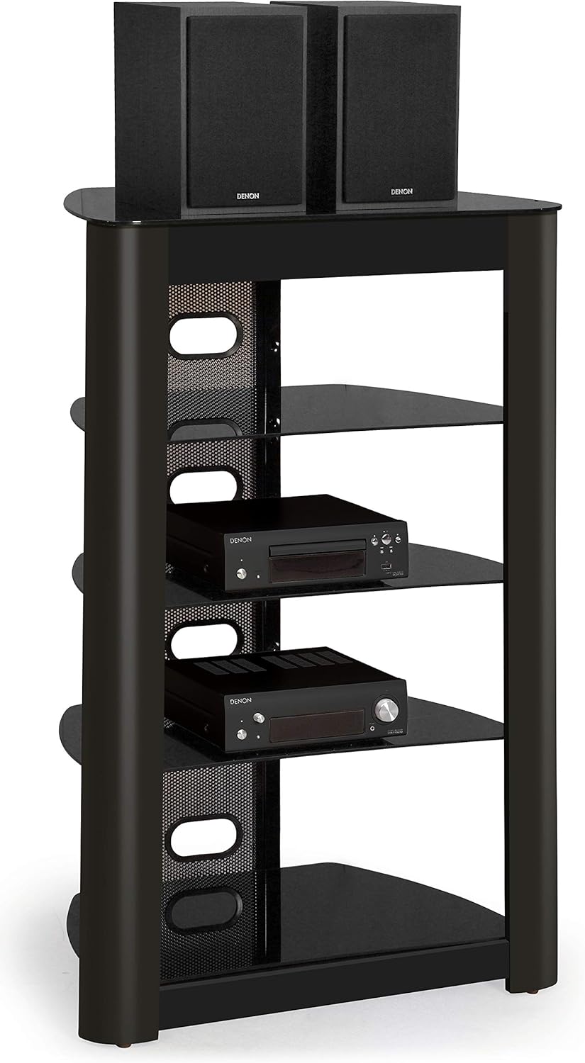 Centurion Supports Zinnia 5-Shelf Gloss Black with Gloss Black Wood Facia Flat Screen TV/Hi-Fi/AV Rack Glass Stand