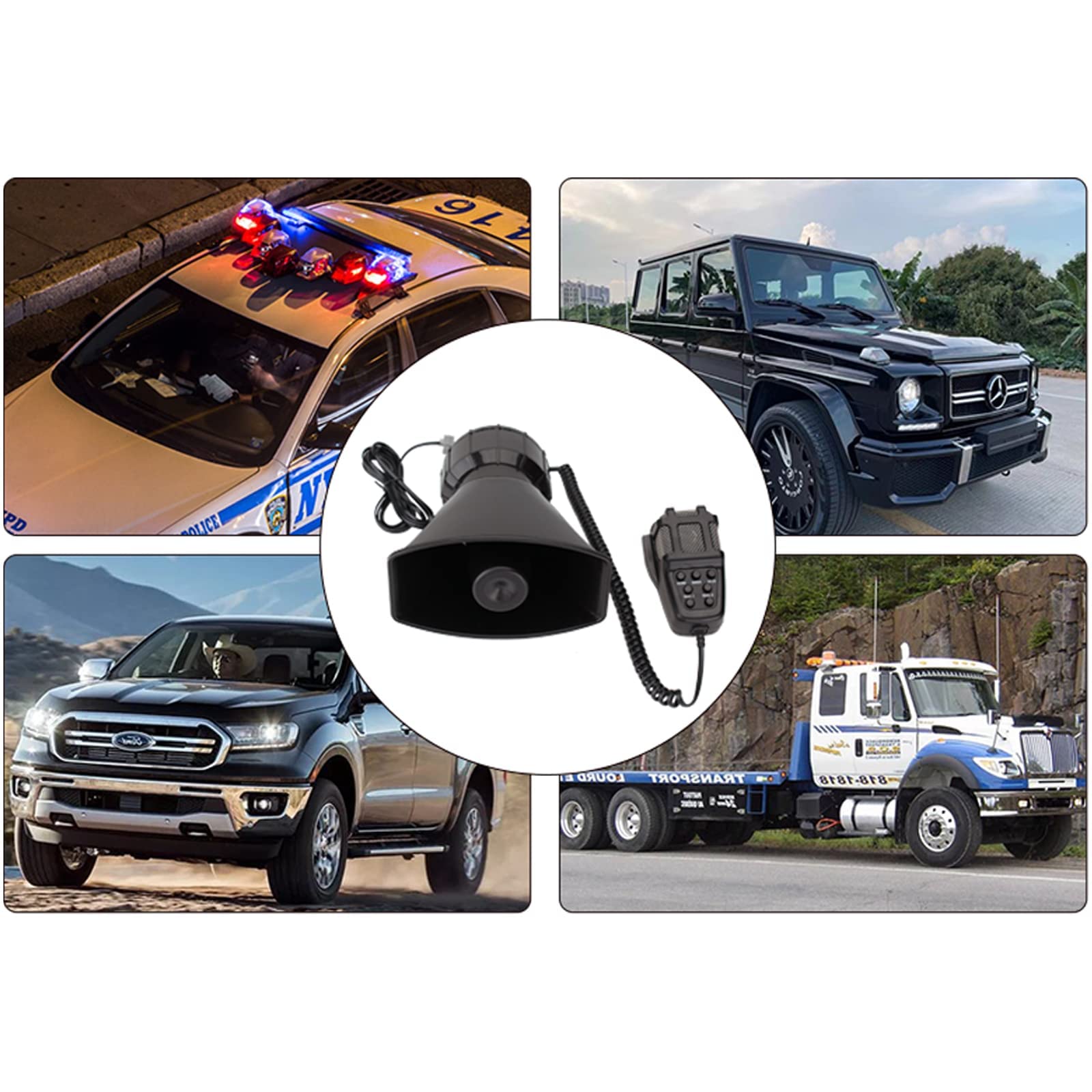 FARBIN Car Siren Horn 7 Tone Police Siren Vehicle Loudspeaker with Handheld Microphone Amplifier 12V 100W Emergency Sounds Siren Electric Horn with Mic PA