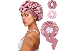 CHLINS Reversible Satin Bonnet for Sleeping Women Double Layer Hair Bonnet with 2PCS Hair Scrunchies Elastic Tie Band Night Cap