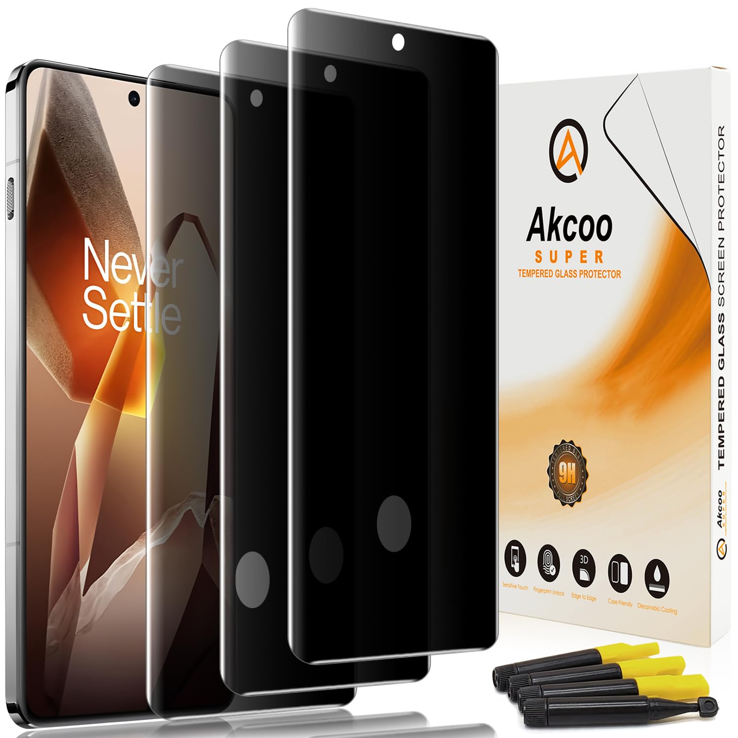 Photo 1 of Akcoo Privacy Screen Protector for OnePlus 13 [3 Pack], UV Tempered Glass, Anti Spy, 9H Hardness Scratch Resistant, Fingerprint-ID Compatible, Sensitive Touch