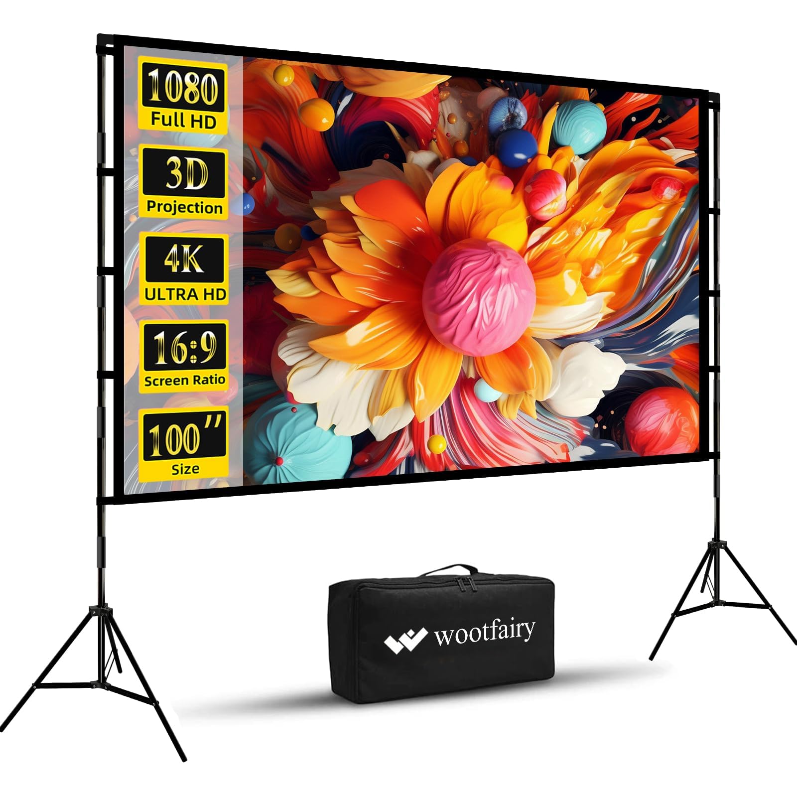 Photo 1 of Projector Screen with Stand, Wootfairy 100 inch Foldable and Portable Projection Screen 16:9 4K HD Rear Front Wrinkle-Free Movie Screen with Carry Bag for Indoor Outdoor Home Theater Backyard Cinema