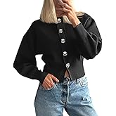 Saodimallsu Womens Button Up Cardigan Sweaters Fall Trendy Long Lantern Sleeve Knit Crew Neck Sweater Jacket