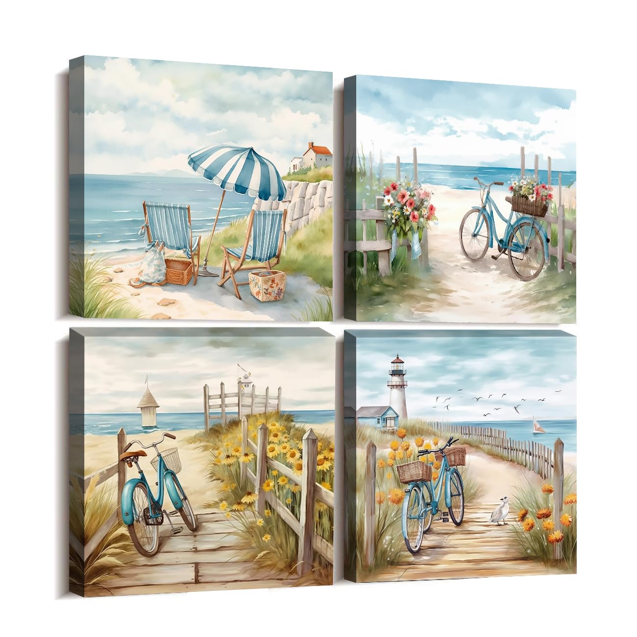 CXHOSTENT 4 Panels Beach Canvas Wall Art Bicycle Fence Floral Pictures Ocean Painting Print Coastal Theme Living Room Decor Frame (Beach - 1, 30x30cmx4Pcs)