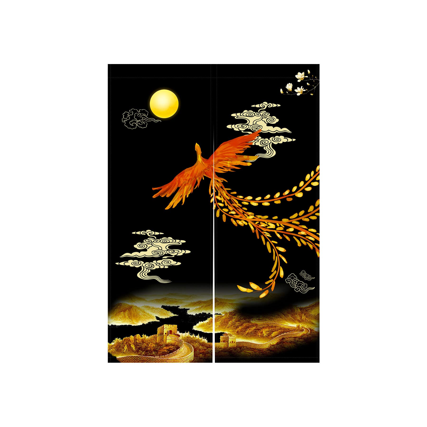 LIGICKY Chinese Style Japanese Noren Doorway Curtain Traditional Golden Phoenix Great Wall Full Moon Printed Asian Window Treatment Hanging Door Tapestry for Sushi Kitchen Home Decoration 85 x 120 cm